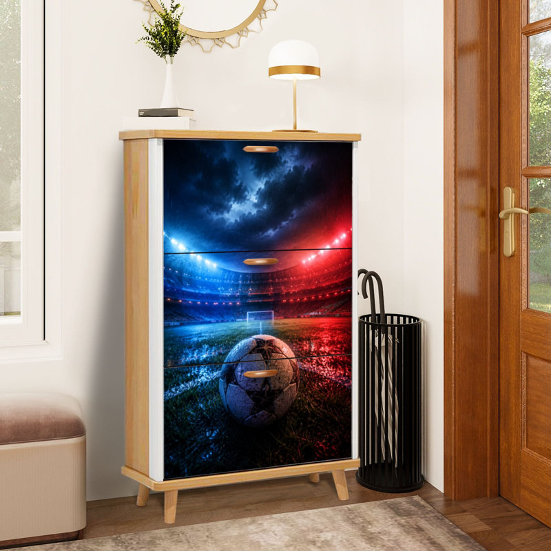 Shoe Storage Cabinet with 3 Flip Drawers for Vertical 3D render soccer stadium soccer ball resting centre brightly Shoe Rack Storage Organizer