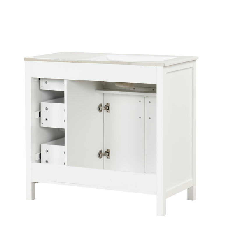Spacieux ensemble de meuble-lavabo blanc de 36 po: comptoir de lavabo, armoire à 2 portes et 3 tiroirs, fabrication en bois massif et en panneau de fibres à densité moyenne