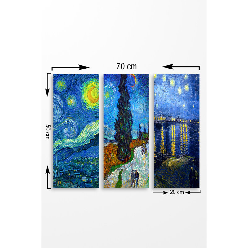 Superbe ensemble de 3 panneaux décoratifs en bois aggloméré Vincent van Gogh, 27,6 po x 19,7 po | 100% panneau de fibres à densité moyenne, épaisseur: 0,1 pouce | Parfait pour la décoration intérieure, les amateurs d'art et les cadeaux uniques, un