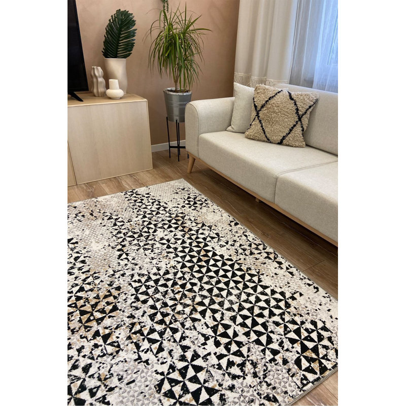 Gray Geometric Pattern Washable Rug, Rectangle 3'11" x 5'11"