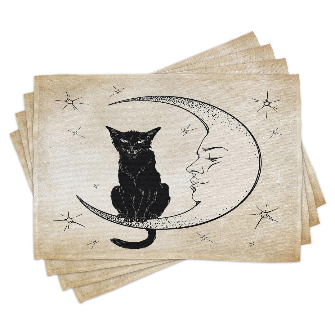 Platzmatten, Black Cat Siting auf Mond, Mond, Sand Braun Schwarz