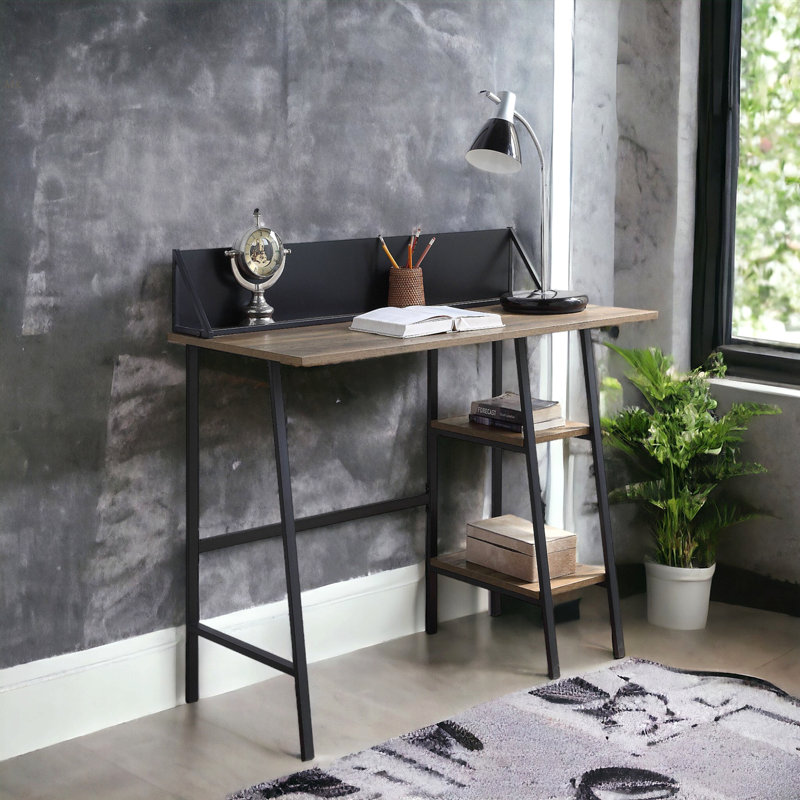 Rustic Oak And Black 2-Shelf Writing Desk With H-Shaped Base