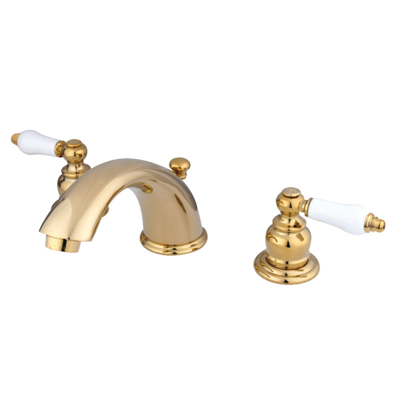 Kingston Brass Magellan Two-Handle 3-Hole Deck Mount Widespread Bathroom Faucet with Retail Pop-Up Drain, Polished Brass