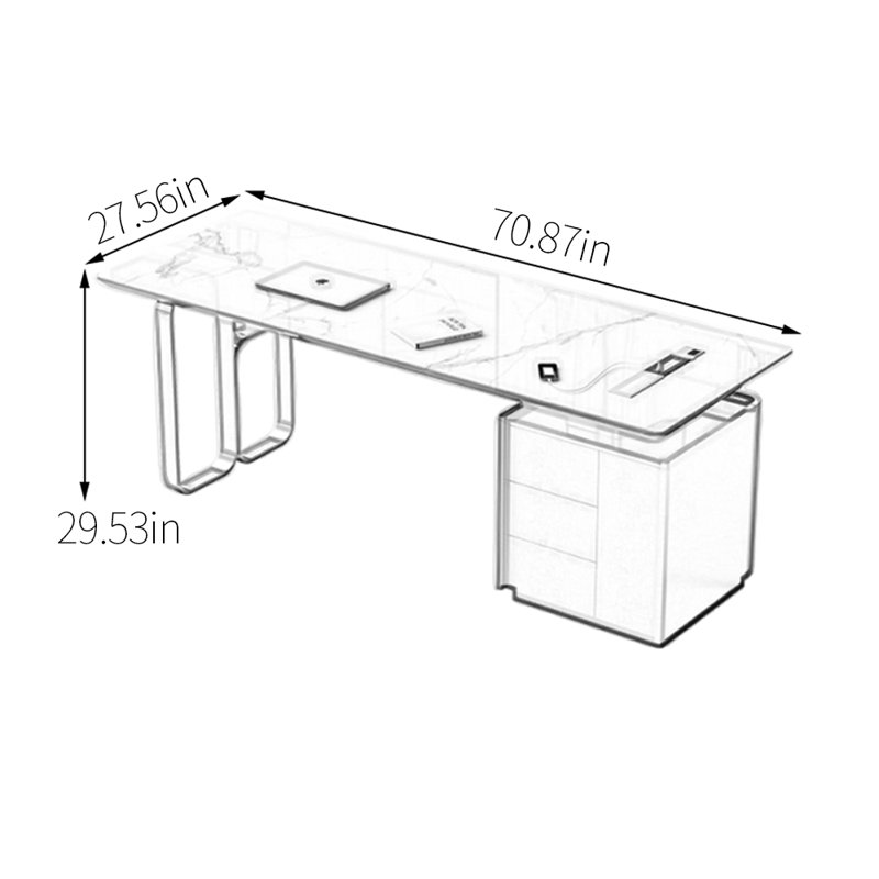 Bureau de table en pierre frittée durable, Gris, H 29,53 po x l 70,87 po x P 27,56 po