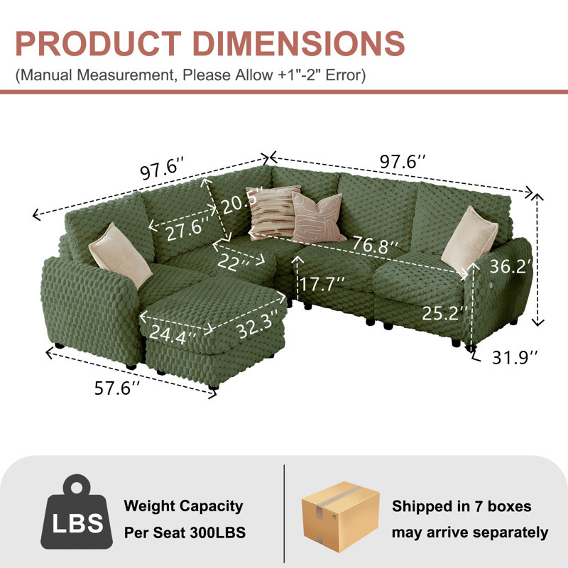 Upgraded Sectional Sofa With Storage, Charging, Convertible Feature And Easy Assembly-5 Seats & 1 Ottoman-Green