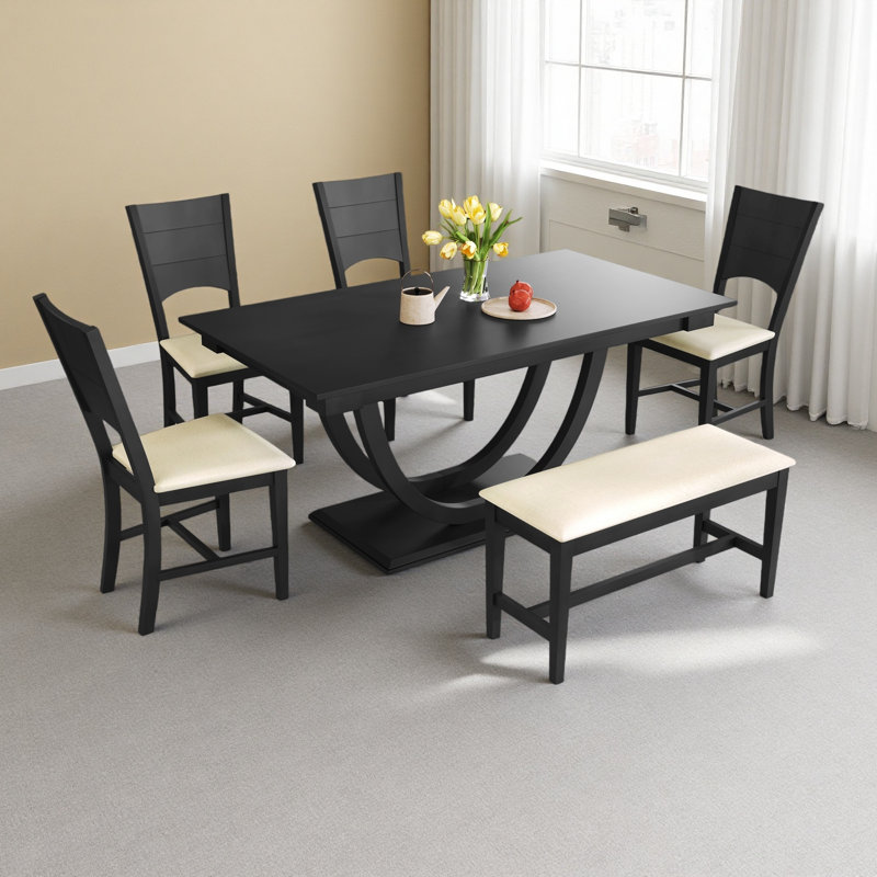 Ensemble de 6 tables de salle à manger en bois 6 pièces avec banc long et 4 chaises, Gris, Gris