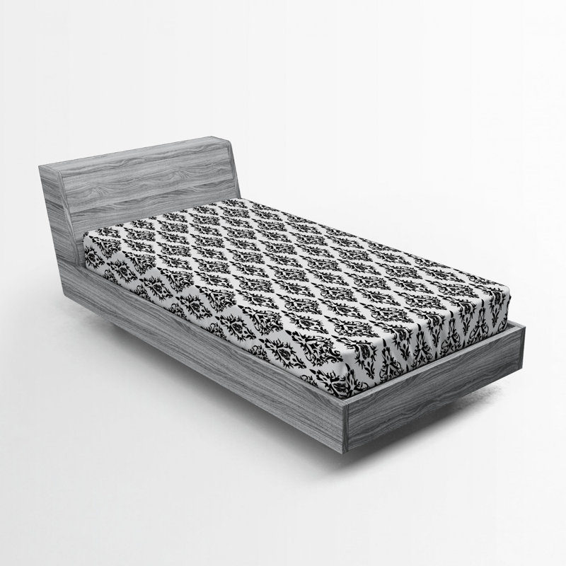 Twin Black and White Damask Microfiber Fitted Sheet