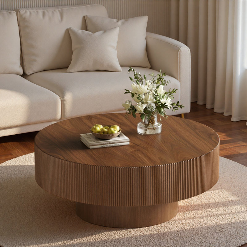 Table basse avec motif cannelé et plateau de table rond, Noyer