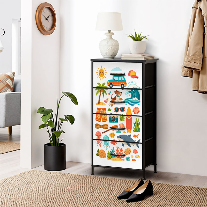 Commode 4 tiroirs pour chambre à coucher, commode étroite, plateau en bois et structure de bureau en fer 18 po x 37,5 po - (l x H) - avec dessin de plage Doodle