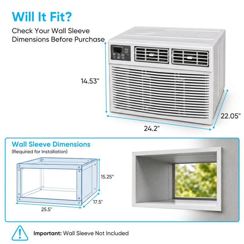 Climatiseur à travers le mur de 12 000 BTU, unité de déshumidification de refroidissement 3-en-1 compatible WiFi intelligent, climatiseur mural ultra silencieux pour pièce de 550 pieds carrés