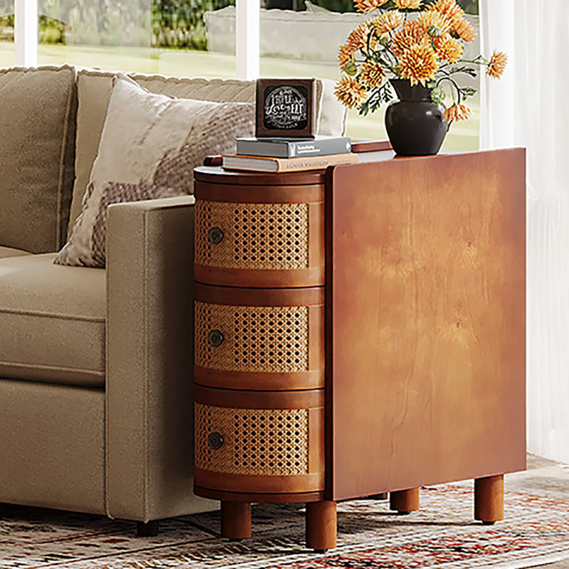Solid Wood End Table, 3-Drawer Rattan Side Table, Night Stand with 3 Rattan Drawers and Exquisite Embossed Handles for Living Room, No Assembly Required (Walnut & Oak, 1PC)