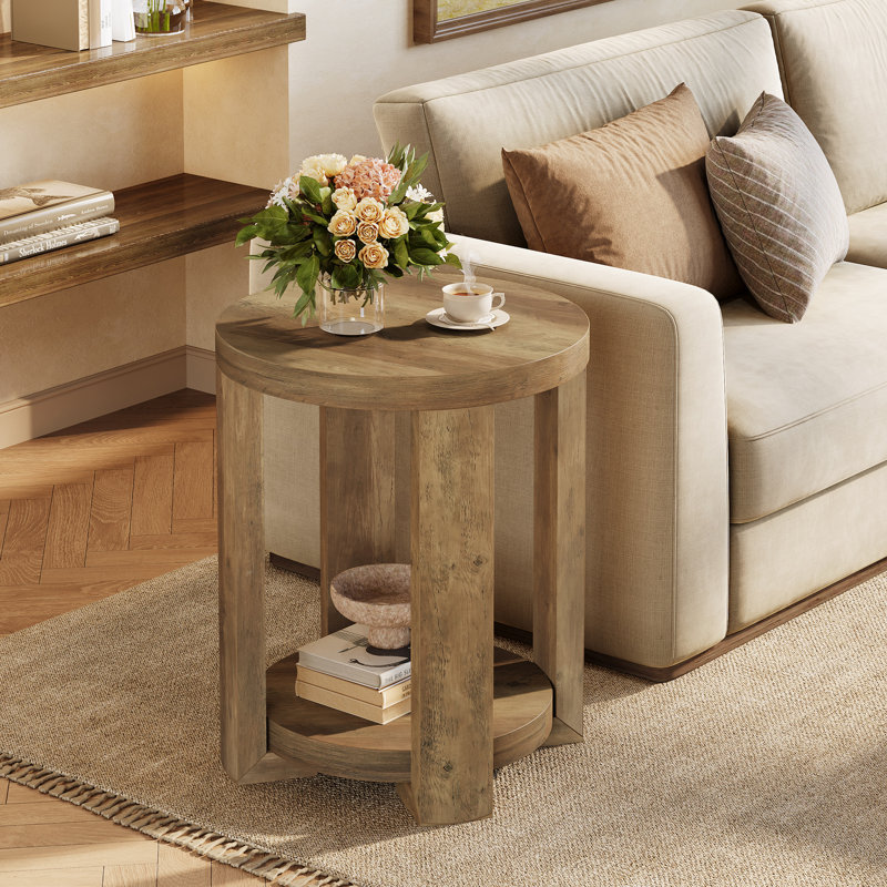 Round Side Table, 2-Tier End Table For Living Room, Brown