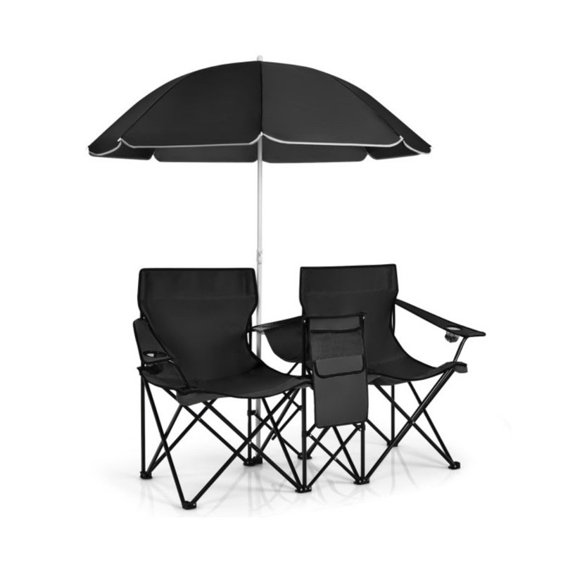 Portable Folding Picnic Double Chair With Removable Umbrella, Black