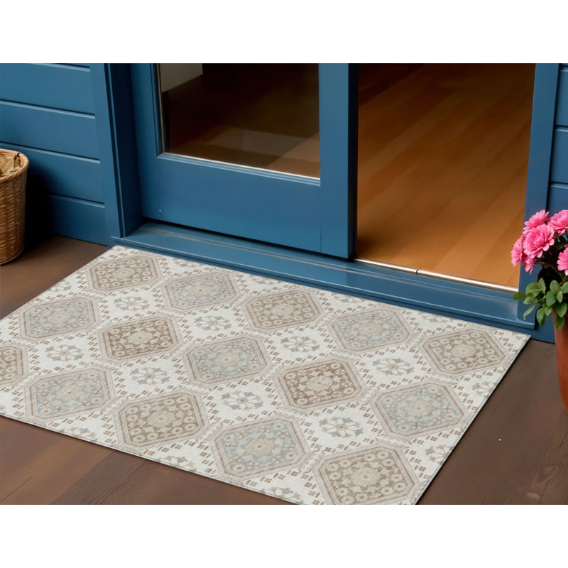 Tapis extérieur lavable floral ivoire et brun 3 pi x 5 pi