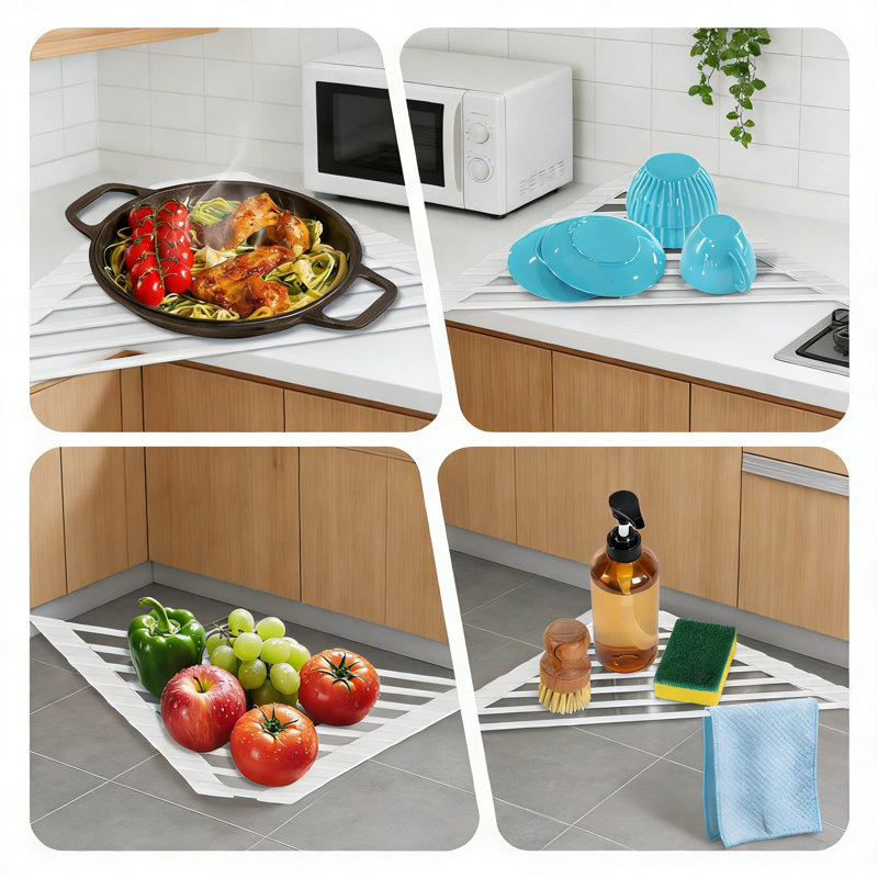 Sink Rack - Foldable Heat-Resistant Dish Drying Mat With Non-Slip Silicone & Stainless Steel Frame, Space-Saving Corner Design For Countertop Organization