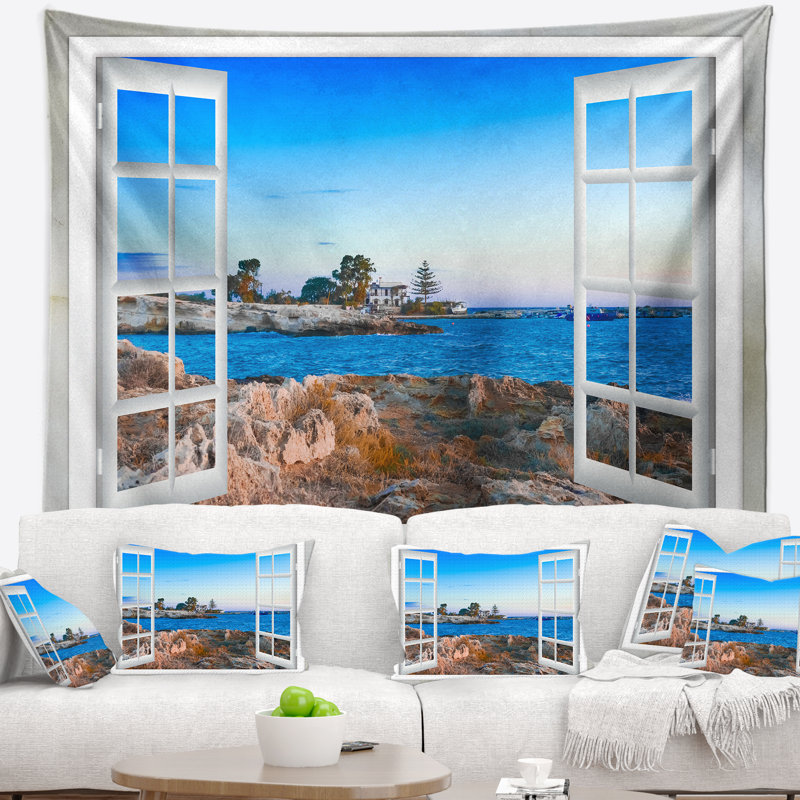 Tapisserie de fenêtre ouverte de paysage à shore de mer bleue, H 78 po x l 92 po