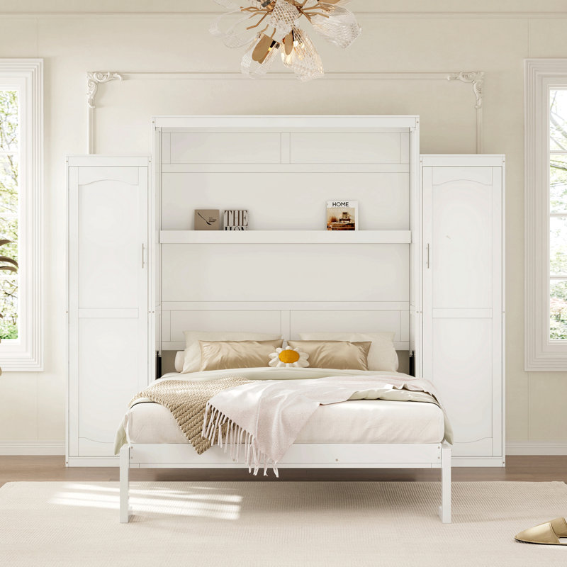 Grand lit escamotable avec 2 garde-robe et tablette de rangement, cadre de lit plateforme pliable multifonctionnel pour chambre d'amis, chambre à coucher