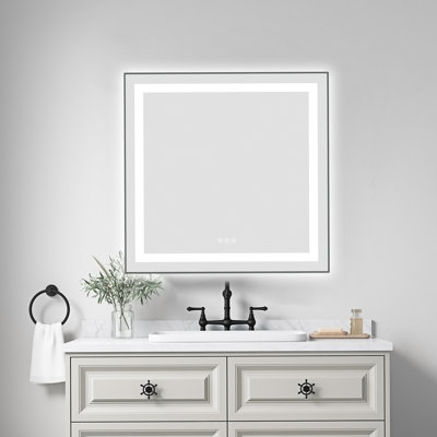 Miroir de salle de bain 30 po x 30 po à DEL avec façade et rétroéclairage, miroir de meuble-lavabo mural avec cadre en aluminium, antibuée, mémoire, 3 couleurs, gradation continue