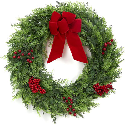 Couronnes de Noël de 24 pouces pour la porte d'entrée, grande couronne de Noël pour l'extérieur avec baies et ruban, couronne de cyprès artificielle pour la fenêtre extérieure du foyer