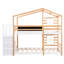 Lit simple au-dessus d'un lit superposé avec tableau noir et plateforme de rangement pour fenêtres, conception à profil bas, charmantes fenêtres de toit en pin, escaliers, structure en bois