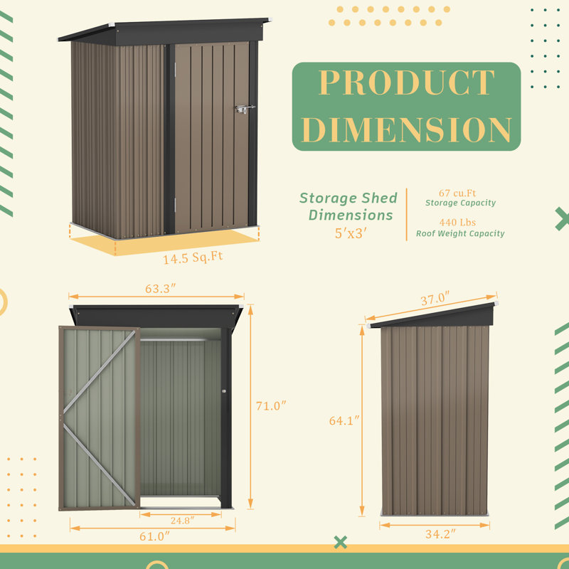 5 ft. W x 3 ft. D Metal Storage Shed, Brown/Black