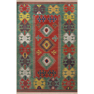 Green-Themed Multi-Colored Traditional Motif Patterned Fringed Vintage Decorative Rug