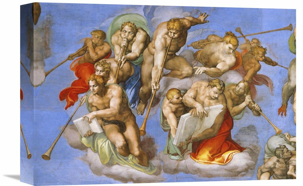 Detail from the Last Judgement Trumpeting Angels by Michelangelo Painting Print on Wrapped Canvas