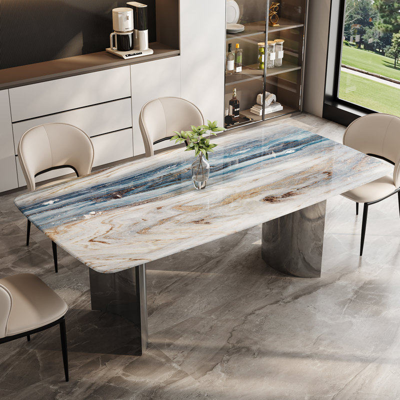 Ensemble de table de salle à manger moderne 7 pièces, table de salle à manger rectangulaire en faux marbre 63 po avec 6 chaises rembourrées, ensemble de salle à manger de cuisine contemporaine