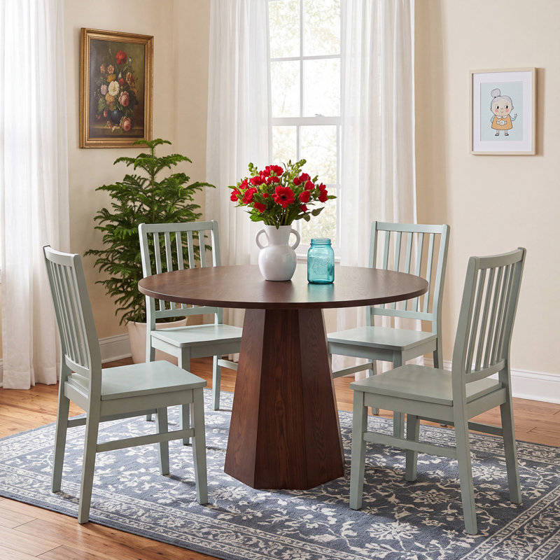 Round Dining Table Set, Mid Century Modern Small Round Dining Table Set, Green, Walnut