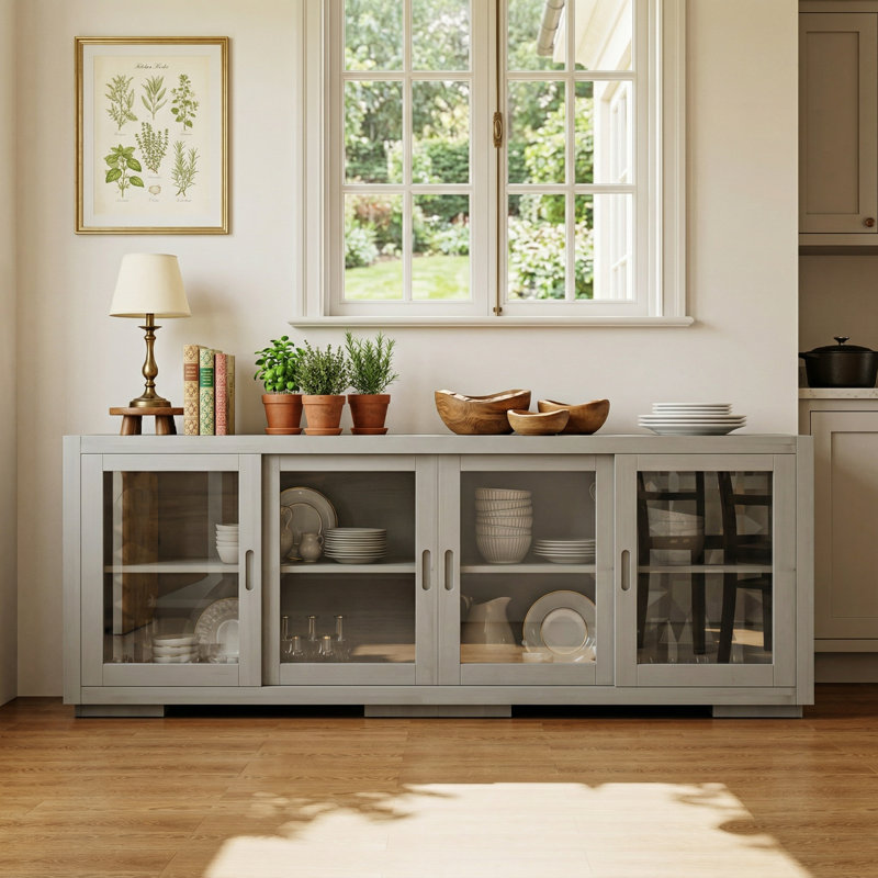 Buffet de 66,1 po de largeur avec 4 portes coulissantes en verre et tablettes réglables, Gris