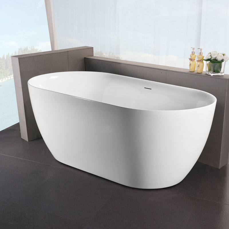 Modern White Acrylic Freestanding Bathtub With Gently Sloped Design And Centre Drain