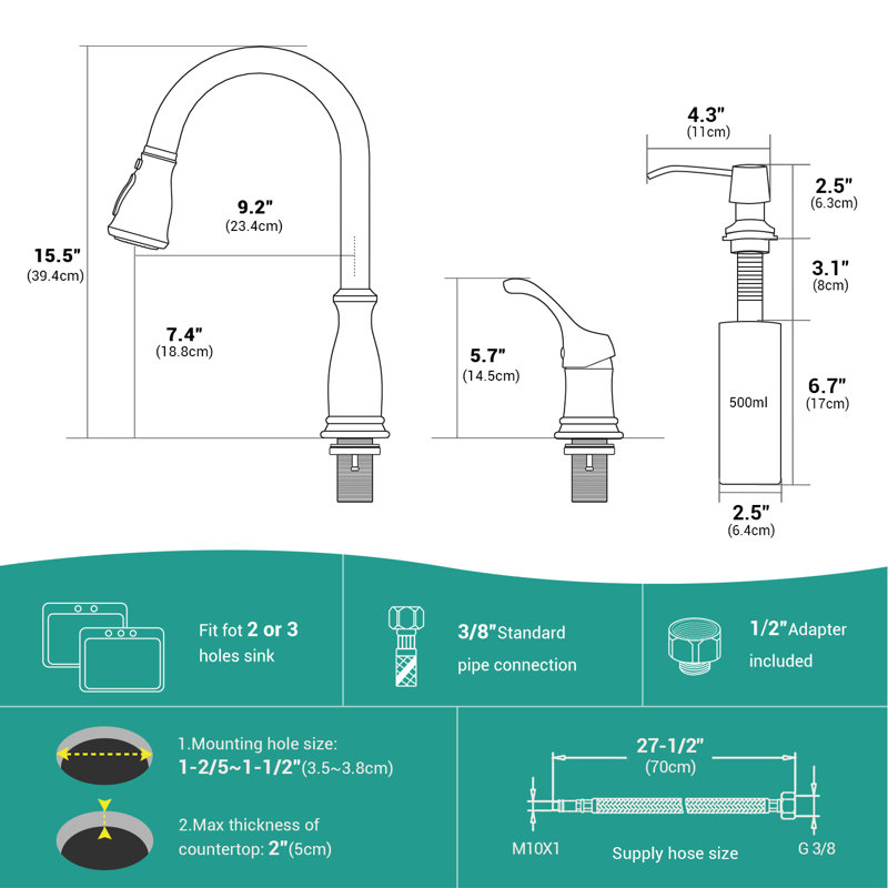 Robinet de cuisine rétractable à 3 trous avec pulvérisateur rétractable et distributeur de savon APPASO, Nickel brossé