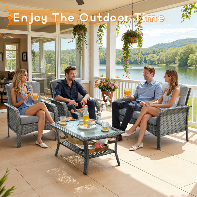 4 Piece Rattan Sofa Seating Group with Cushions, Gray/Dark Gray