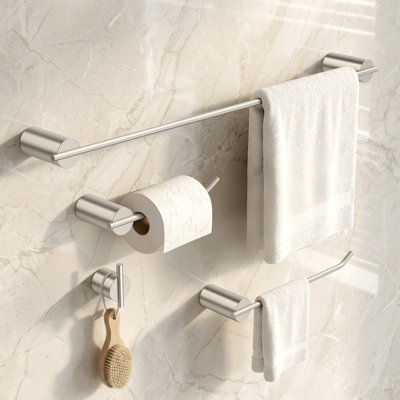 Nickel 4-piece Bathroom Hardware Set, Wall Mounted Stainless Steel Towel Rack Kit