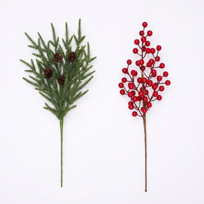 Ensemble de 15 pièces de verdure artificielle de Noël, 12 branches de pin Norfolk avec pommes de pin et 3 tiges de baies pour guirlande de vases, bouquet de fleurs