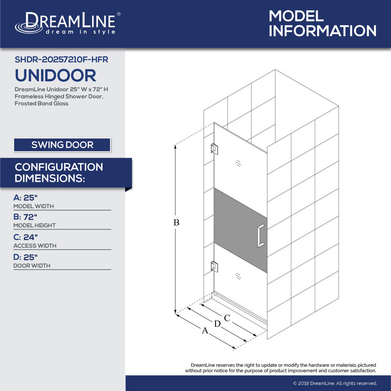 DreamLine Unidoor 25 inch W x 72 inch H Frameless Hinged Shower Door in Brushed Nickel, Brushed Nickel, 25"