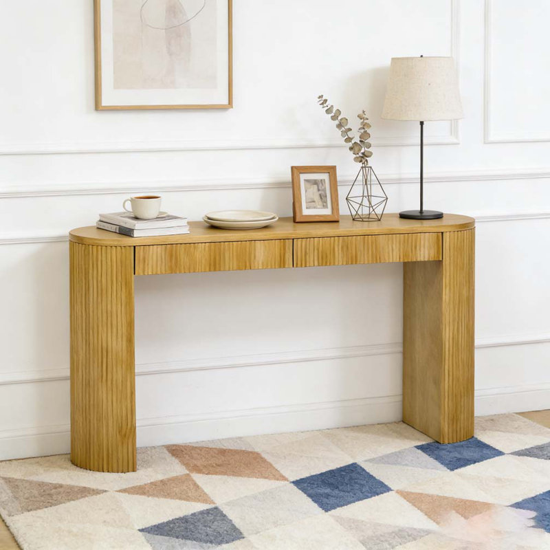 58.2" Entryway Table with Large Top and Dual Drawers,Console Table with Arched Sturdy Legs Stripe Design, Natural