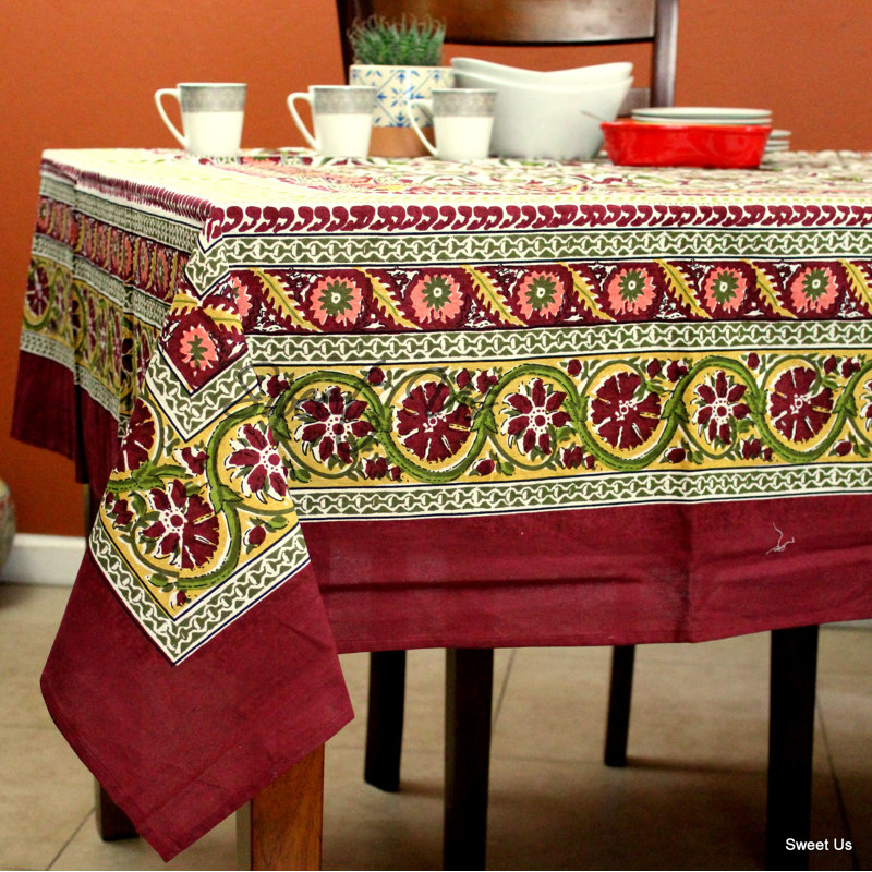 Floral Enchantment Rectangle Floral Cotton Tablecloth, Burgundy, 104''L x 88''W