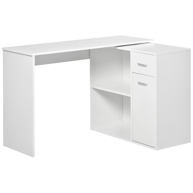 180? Rotating White L-Shaped Computer Desk with Storage, Drawer & Cabinet