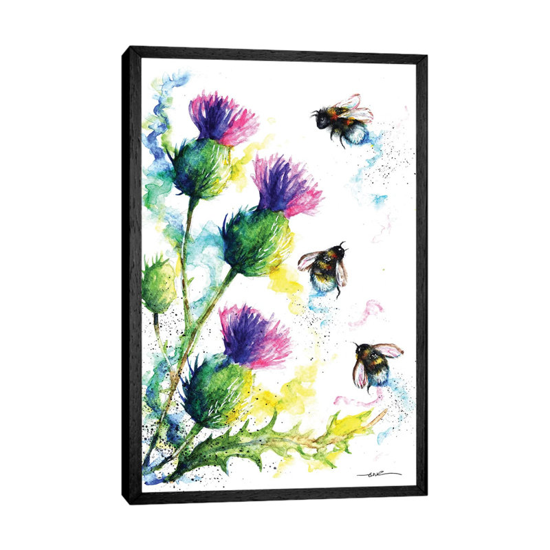 Bees And Thistles - Painting on Canvas, 101.6cm H x 66.04cm W x 3.81cm D, Black Framed