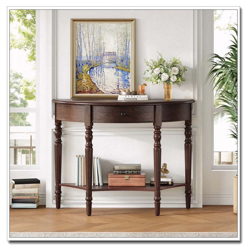 Half Moon Console Table with Drawer & Shelf, Espresso