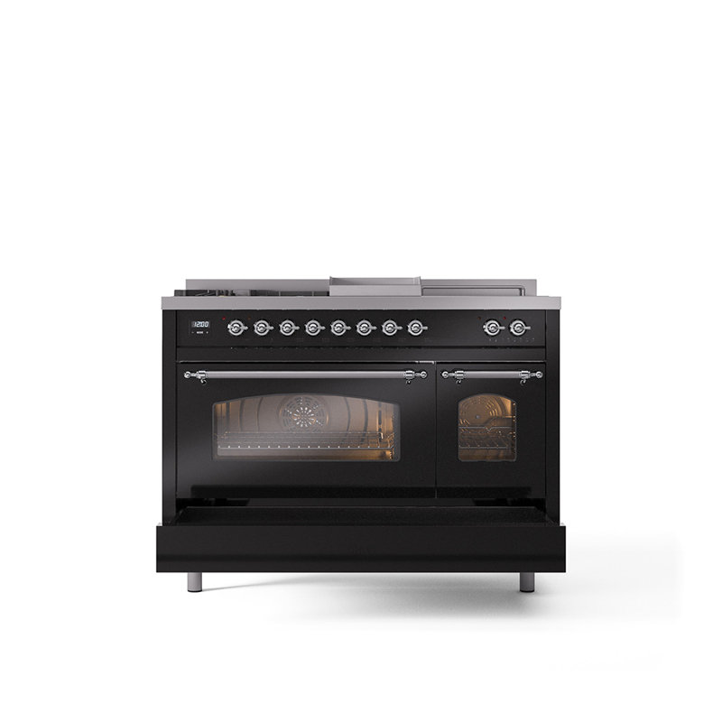 ILVE Nostalgie II 48 Dual Fuel Range, Glossy Black/Chrome, Natural Gas