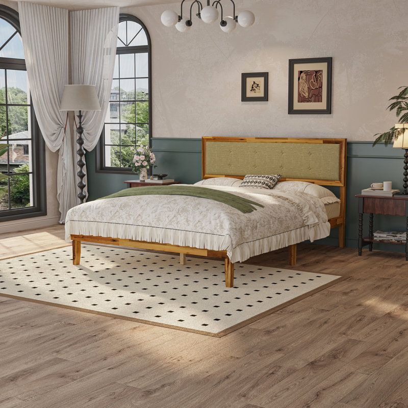 Rustic Solid Acacia Wood Platform Bed Frame With Upholstered Headboard, No Box Spring Needed