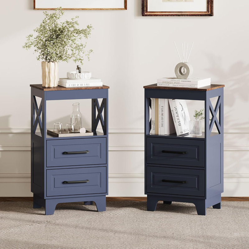  Table de chevet 2 tiroirs avec tablette ouverte 16,5 po de largeur, Bleu