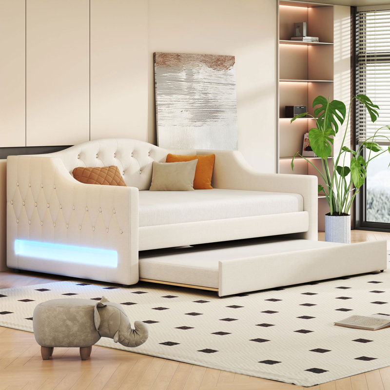 Lit gigogne à rallonge en bois beige, Beige, Lit double
