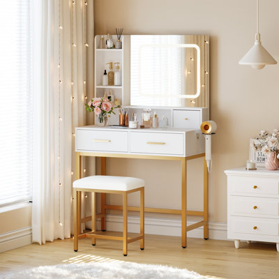 Bureau de maquillage avec miroir et lumières, bureau de maquillage avec lumières 3 couleurs, 4 tiroirs, 2 tablettes de rangement, station de charge intégrée, meuble-lavabo blanc avec lumière DEL pour chambre à coucher, vestiaire