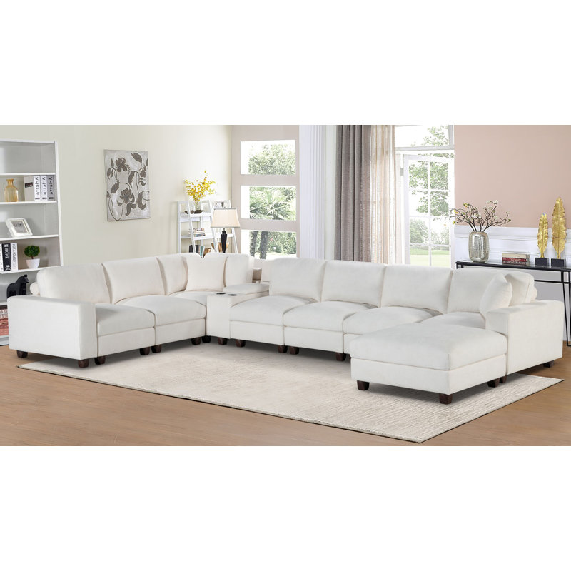 Norfleet 166" L-Shape Modular Chenille Sectional Sofa With Ottoman And Console, 36" H x 166" W x 101" D, White 