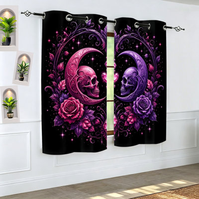 2Pcs Skull Moon Blackout Curtains Gothic Romance Floral Crescent Print for Bedroom Living Room Decor