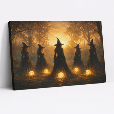 Art mural sur toile, "Cinq sorcières dans la forêt dorée avec lune brillante"