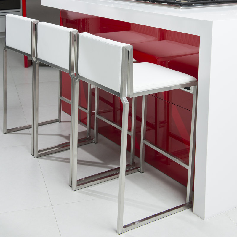 Shumpert 26" Brushed Stainless Steel Stackable Barstool, White Faux Leather